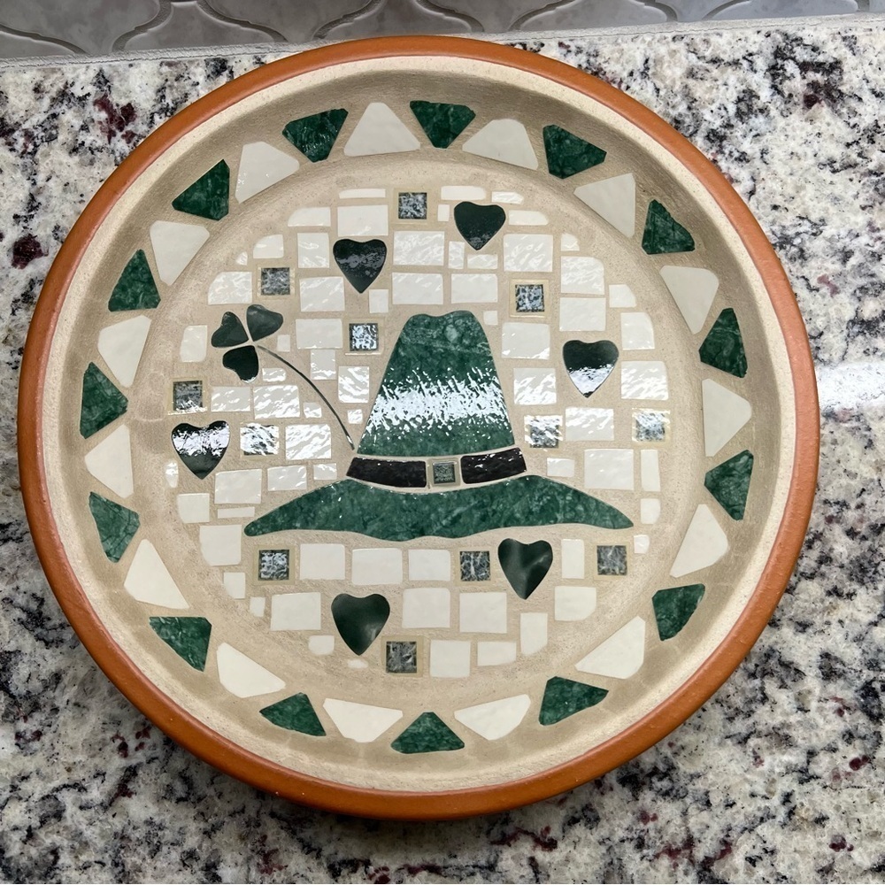 Vintage Artist Marrero Signed Green and Cream Mosaic Platter